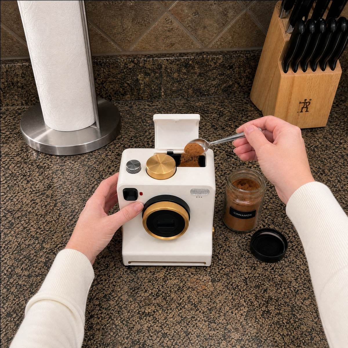 Hands adding a spoonful of powder to the printer loading area on a kitchen counter