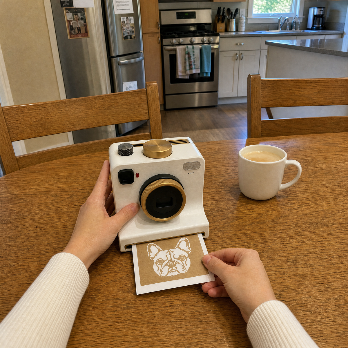 Hands positioning a dog-pattern stencil card in the coffee art printer at a kitchen table