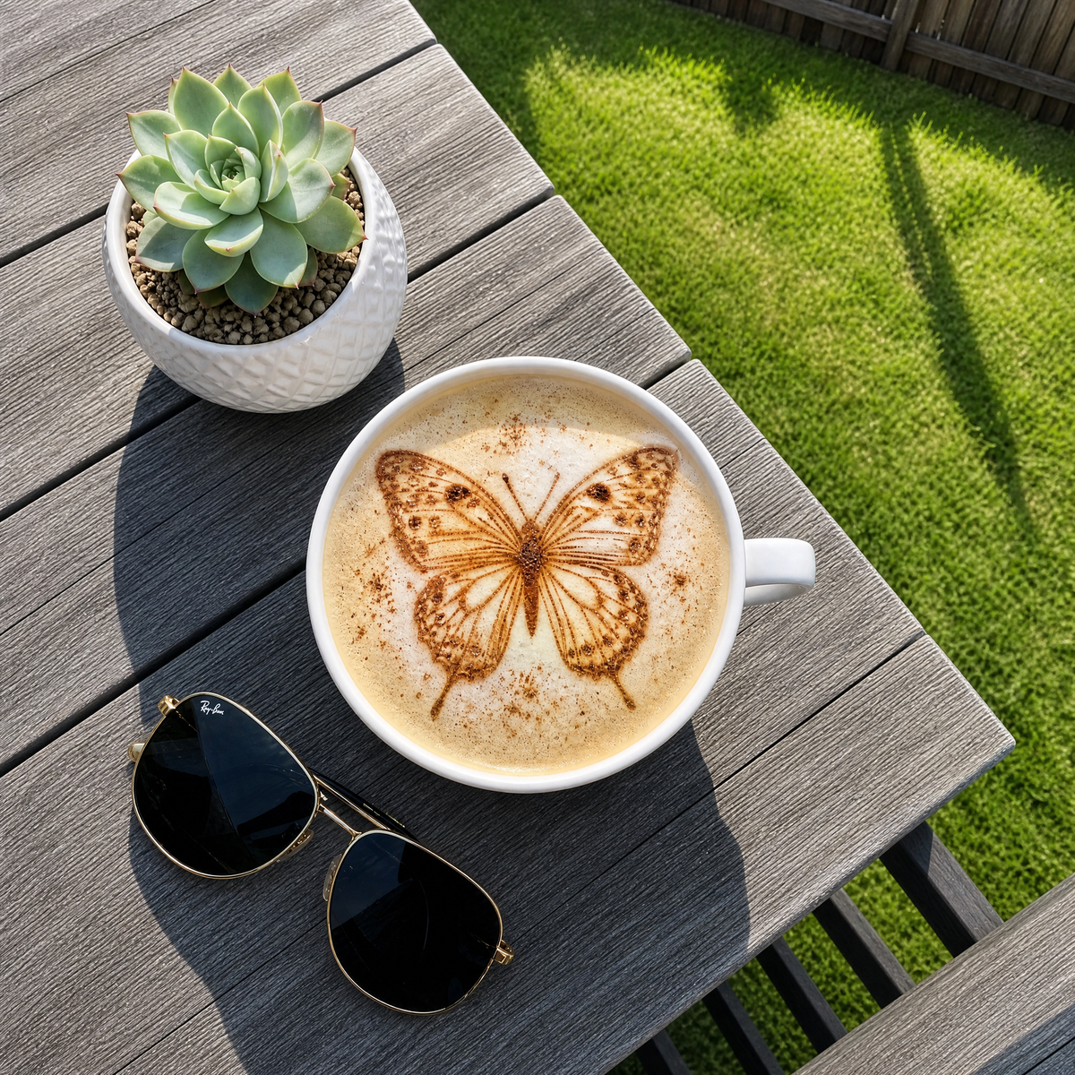 A finished foam-topped coffee decorated with a butterfly powder design on an outdoor table